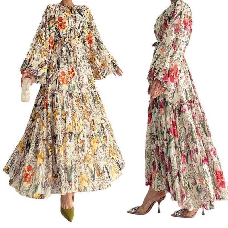Floral-print Long-sleeve Chic And Elegant Robe Dress