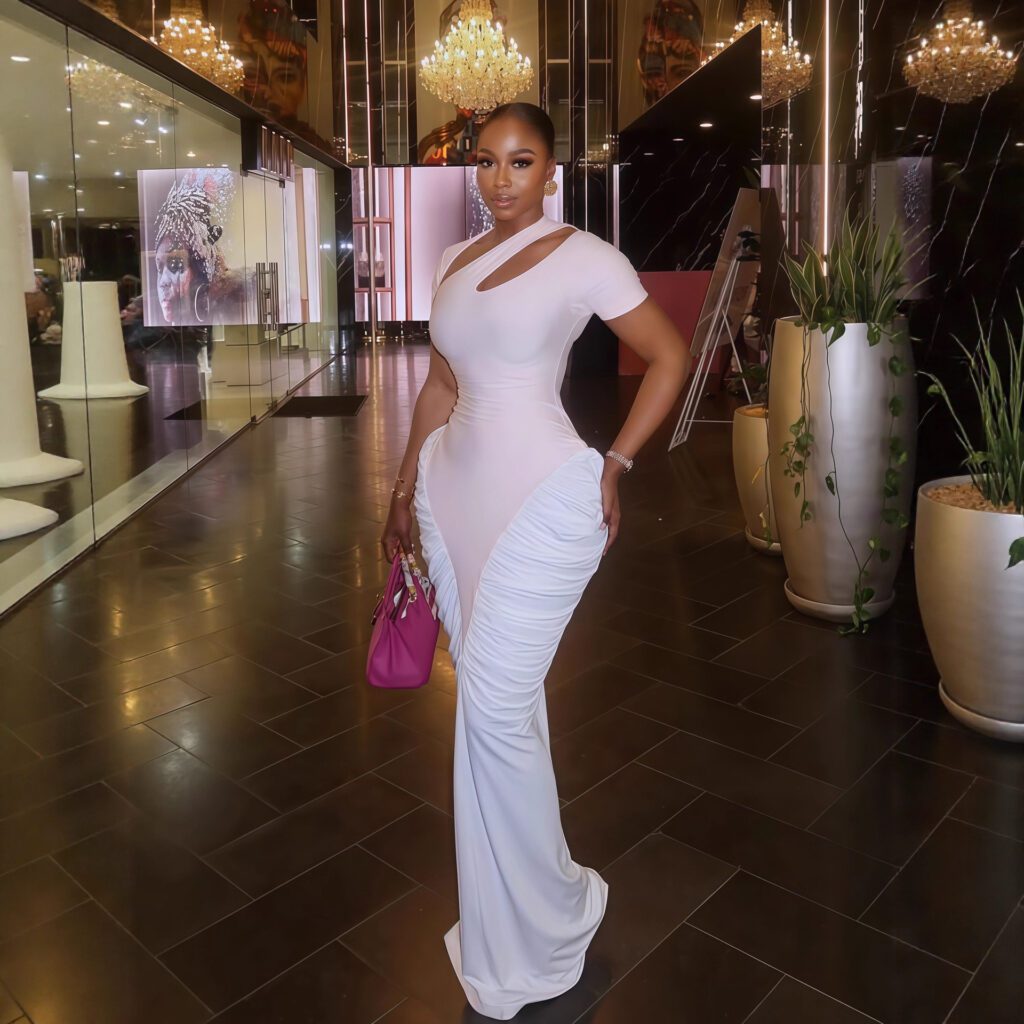 Short-sleeve Slash-neck Hollow-out Pleated Figure-hugging Maxi Dress