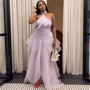 New Stylish Halterneck Off-shoulder Waist-cinching Ruffled Patchwork Dress