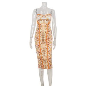 Women’s Elegant Retro Printed Sleeveless Slip Dress With Waist-Cinching Design For A Slimming Look
