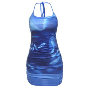 Women’s Stylish Contrasting Color Halter Neck Backless Pleated Sheath Dress