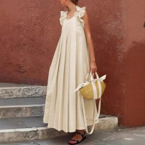 Women’s Casual Long Ruffle-Trimmed Solid-Color Dress