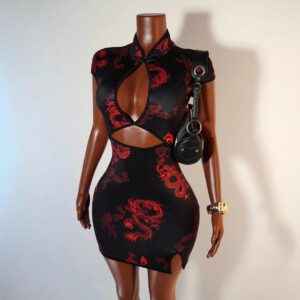 Summer Chinese-style Dragon-print Short-sleeve Cheongsam Dress