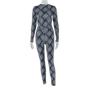 Striped Pantsuit With Long Sleeves And A High-necked Form-fitting Design