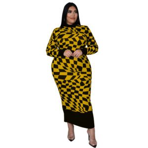 Women’s Crew-Neck Plaid Printed Long-Sleeve Elegant Dress