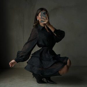 Fashionable Black A-line Dress With Diamond Embellishments, Lapel Collar, Long Sleeves, And High Waist