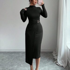 Small Stand-up Collar Knit Solid-color Dress With Metal Buttons