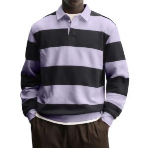 Mens Loose-collar Long-sleeved Striped T-shirt