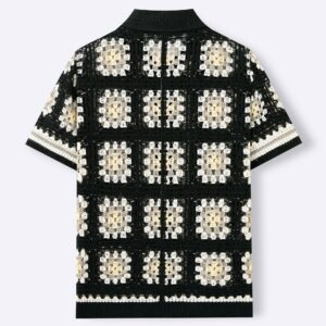 Mens Short-Sleeve Contrasting Color Crochet Hollow-Out Knit Sweater