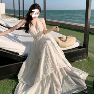 Deep V New Patchwork Slim Fit Slimming Spaghetti Straps Tiered-Ruffle Long Dress