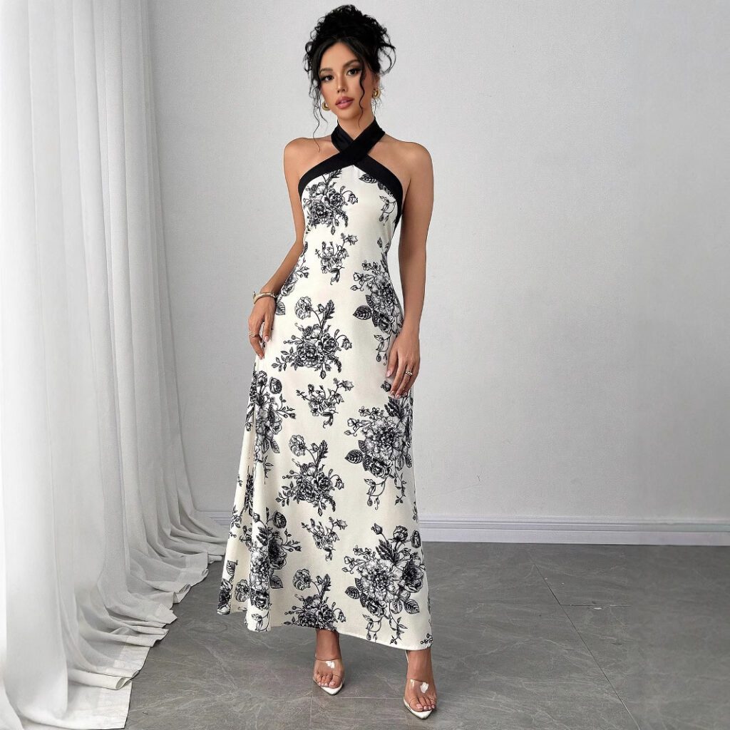 Women's Elegant Apricot Floral Cross-Neck Off-Shoulder Fashion Dress