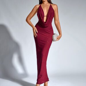 Sexy Backless Boat-neckline Halter Strap Slit Maxi Dress