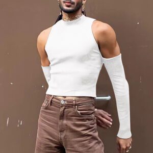 Mens Casual Long-sleeve Hollow-out T-shirt With Off-shoulder Design