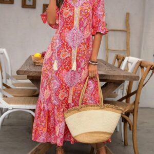 New Women’s Fashion Printed Lace-up Mid-sleeve Ruffled Dress