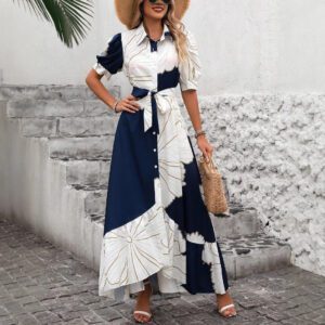 Women’s Casual Printed Dress With A Turn-down Collar And Cinched Waist