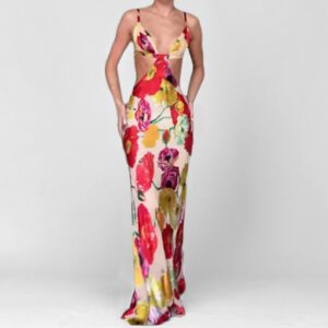 New Women’s Fashion Sexy Sassy Spaghetti-strap V-neck Luxury Printed Maxi Dress