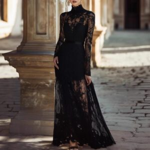 Women's Solid-color Hollow-out Vintage Stand-collar Long-sleeve Lace Maxi Dress With A Fitted Waist