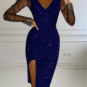 Hot-stone-embellished V-neck Sheath Mesh Dress For Women