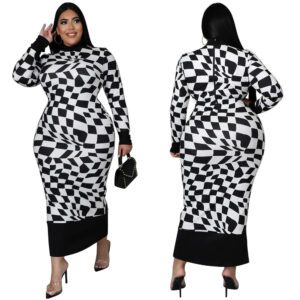 Women’s Crew-Neck Plaid Printed Long-Sleeve Elegant Dress