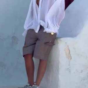 White Retro Stand-Collar Pleated Shirt