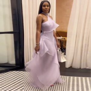 New Stylish Halterneck Off-shoulder Waist-cinching Ruffled Patchwork Dress