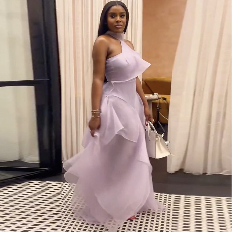 New Stylish Halterneck Off-shoulder Waist-cinching Ruffled Patchwork Dress – Image 2