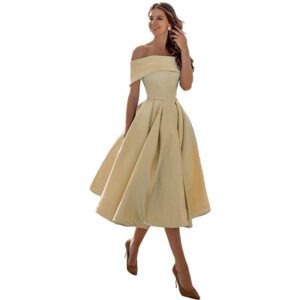 Women’s Fashion Casual Strapless Satin Party Dress Off The Shoulder Tea Length Satin Prom Dresses With Pockts Formal Evening Party Dress