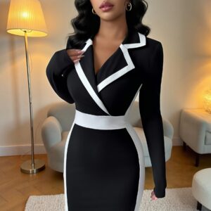 Female Color Blocking Slim Fit Long Sleeved V-neck Hip Hugging Dress