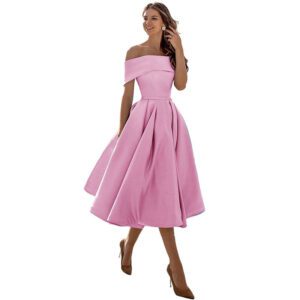 Women’s Fashion Casual Strapless Satin Party Dress Off The Shoulder Tea Length Satin Prom Dresses With Pockts Formal Evening Party Dress