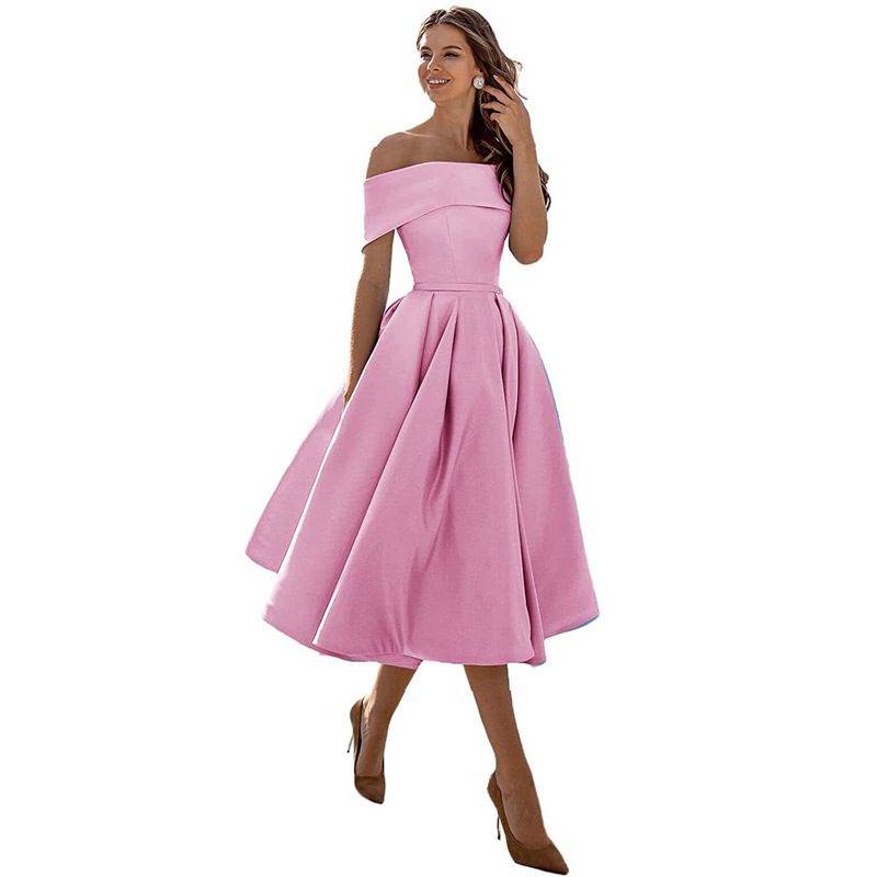 Women's Fashion Casual Strapless Satin Party Dress Off The Shoulder Tea Length Satin Prom Dresses With Pockts Formal Evening Party Dress – Image 2