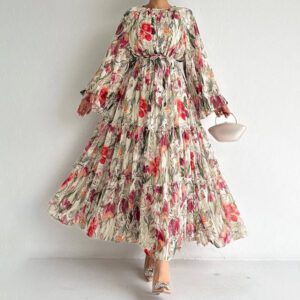 Floral-print Long-sleeve Chic And Elegant Robe Dress