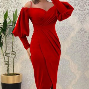 Women’s Strapless Halter Neck Lantern-sleeve Waist Cinching Pleated Dress