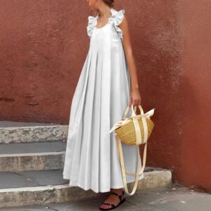 Women’s Casual Long Ruffle-Trimmed Solid-Color Dress