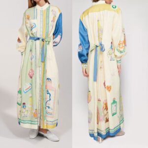 Women’s Printed Long-Sleeve Waist-Cinching V-Neck Dress