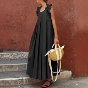 Women’s Casual Long Ruffle-Trimmed Solid-Color Dress