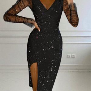 Hot-stone-embellished V-neck Sheath Mesh Dress For Women
