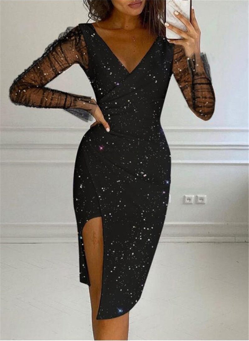 Hot-stone-embellished V-neck Sheath Mesh Dress For Women – Image 3