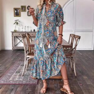 New Women’s Fashion Printed Lace-up Mid-sleeve Ruffled Dress