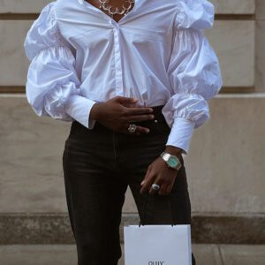 White Retro Puff-Sleeve Oversized Shirt