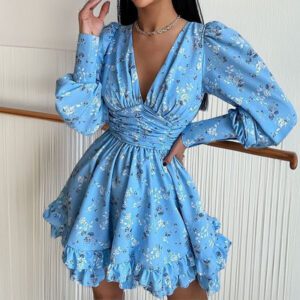 Women’s Printed Puff Sleeve Waist Cinching Dress