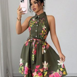 Women’s Casual Printed Waist-Cinching Halter-Neck Lace-Up Dress