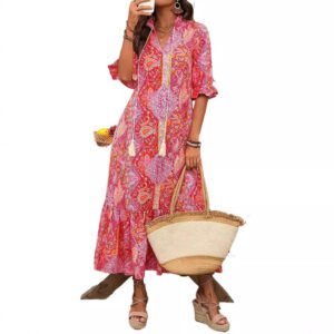 New Women’s Fashion Printed Lace-up Mid-sleeve Ruffled Dress