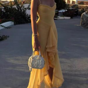 Quality Yellow Strap Lace Long Dress