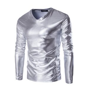 Night Club Trend Metallic Gold Tops Men Veste Homme Fashion V Neck Long Sleeve Lightweight Tees Baseball Bomber 115