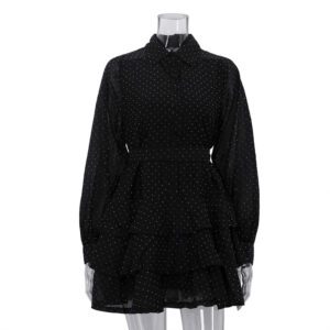 Fashionable Black A-line Dress With Diamond Embellishments, Lapel Collar, Long Sleeves, And High Waist