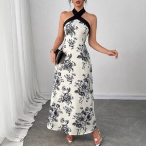 Women’s Elegant Apricot Floral Cross-Neck Off-Shoulder Fashion Dress
