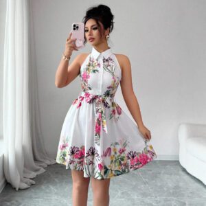 Women’s Casual Printed Waist-Cinching Halter-Neck Lace-Up Dress