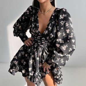 Women’s Printed Puff Sleeve Waist Cinching Dress