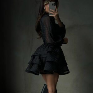 Fashionable Black A-line Dress With Diamond Embellishments, Lapel Collar, Long Sleeves, And High Waist