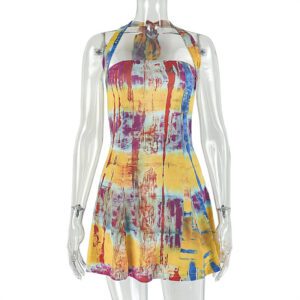 Women’s Figure-flattering Backless Printed Color-block A-line Dress
